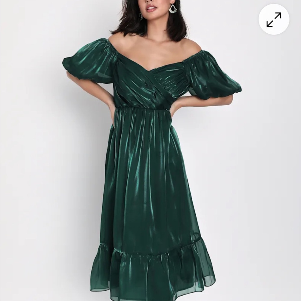 Lulu's Forest Green Dress with Puff Sleeves